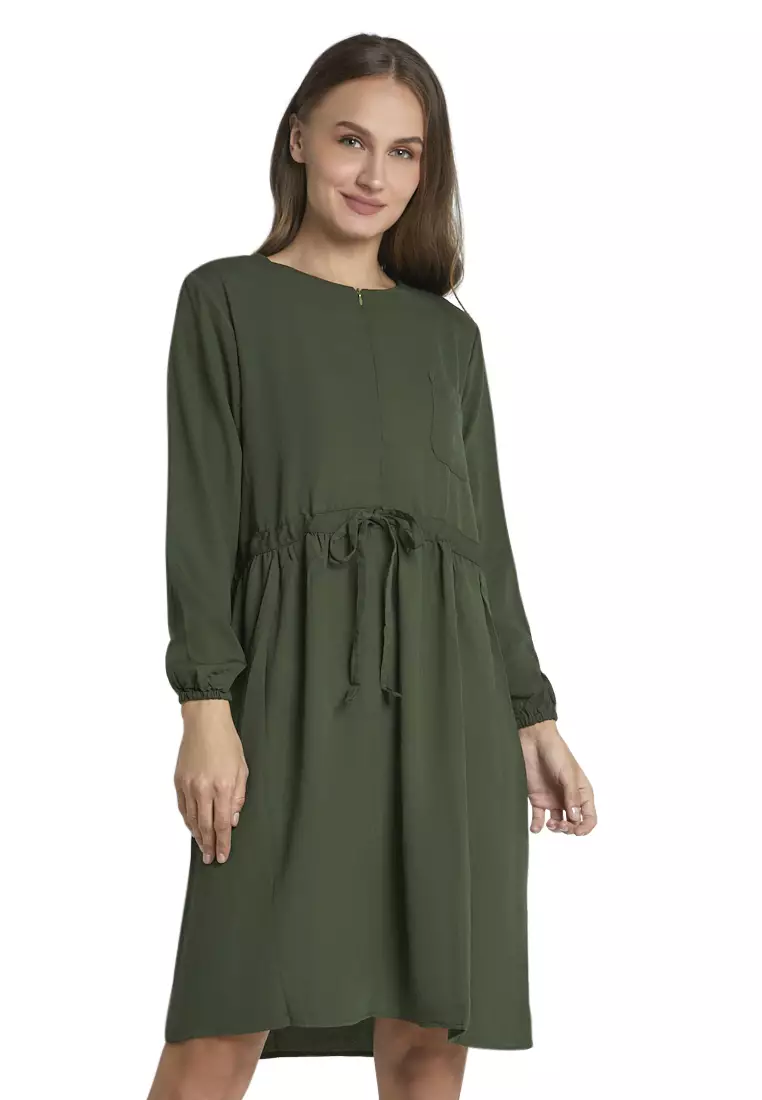 Leyna Mini Dress Wanita Long Sleeves Motif Solid Design Casual Regular Fit - Army