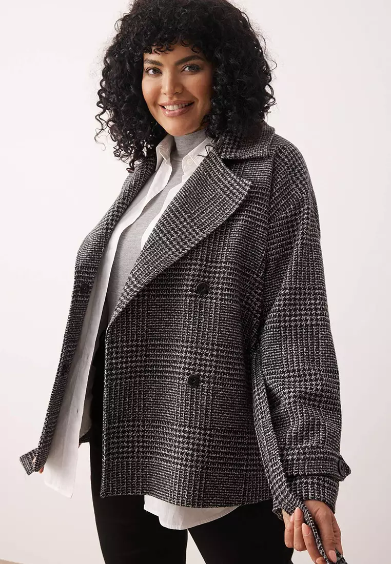 Dark Gray Plaid Pattern Regular Fit Belted Cashmere Slim Plus Size Jacket Coats