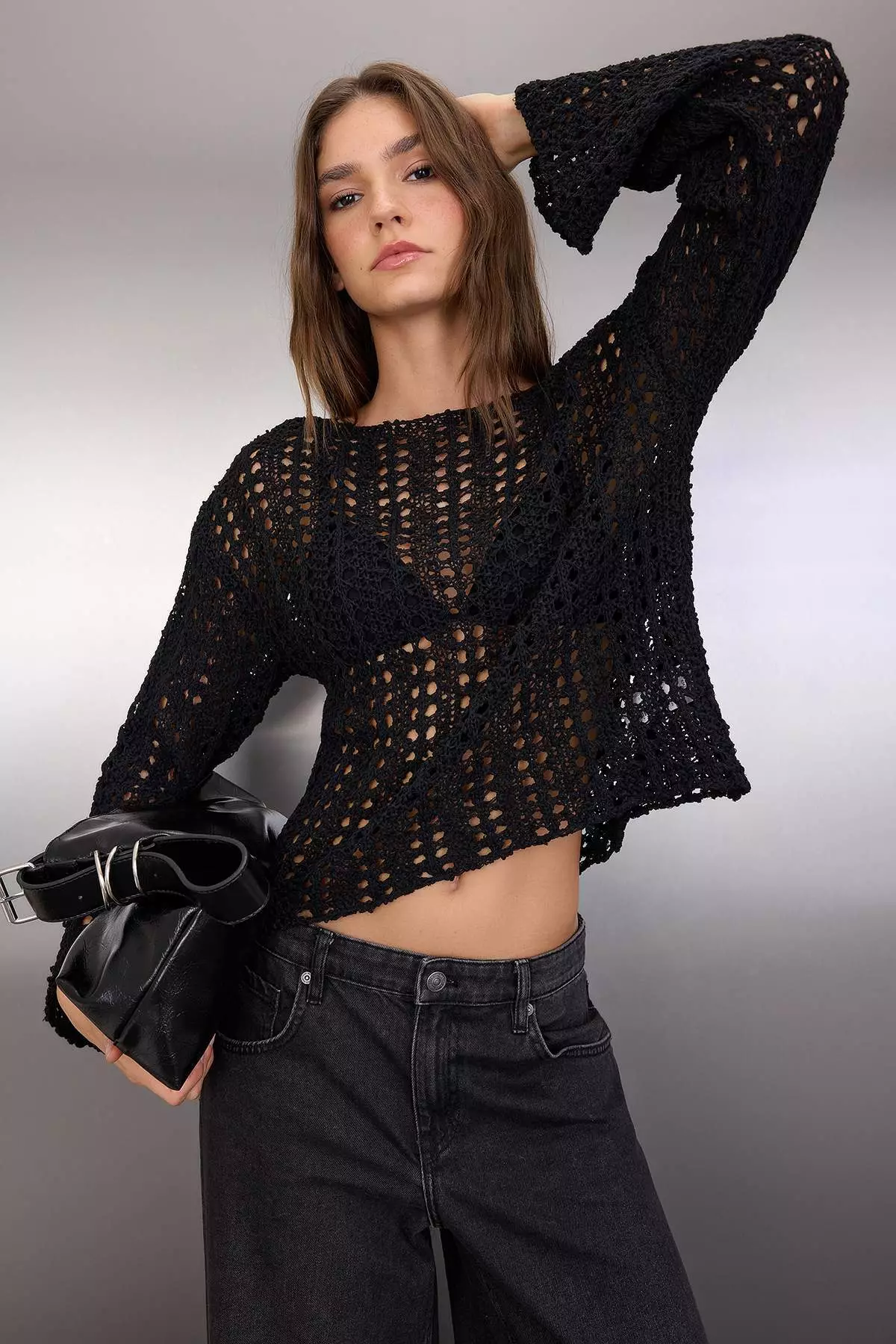 Buy Trendyol Black Special Yarn Openwork/Hollowed Boat Neck