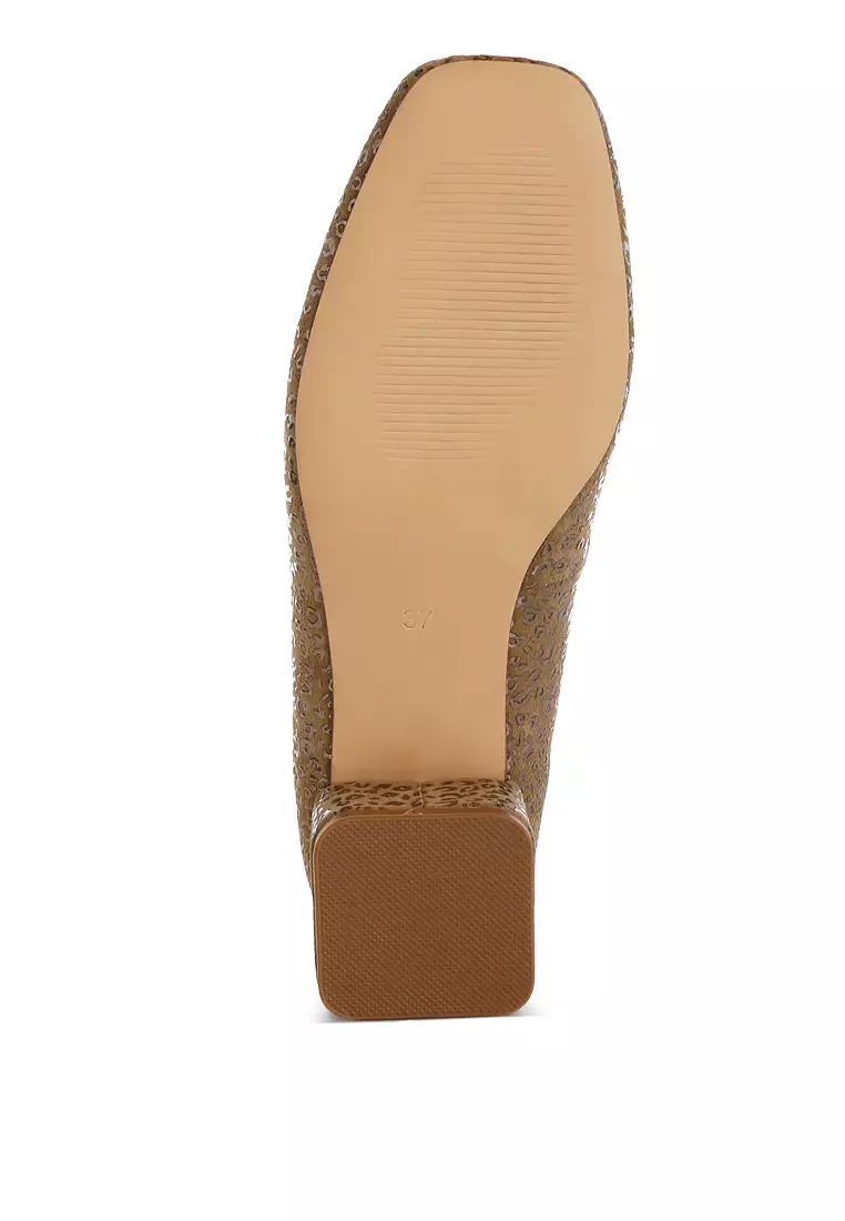 Leopard Print Block Heel Ballerinas in Tan