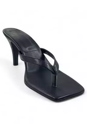 Black Square Toe Flip Flops Women Thin Heels Slippers Takss25To00096