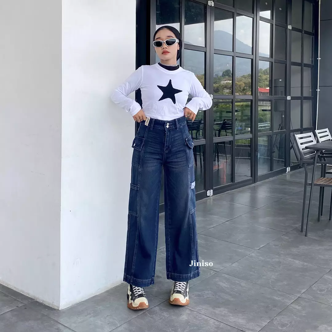 Jual JINISO Cargo Baggy Highwaist Jeans 416 HANDS UP Original 2025