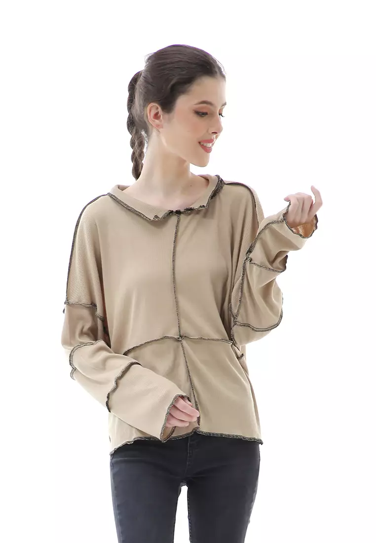 Veronica Blouse Terbalik Relaxed Motif Polos Long Sleeve Premium Quality - Cream