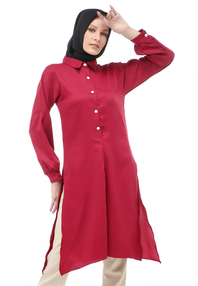 Vania Tunik Polos Muslimah Atasan Wanita Long Sleeve Regular Fit - Maroon