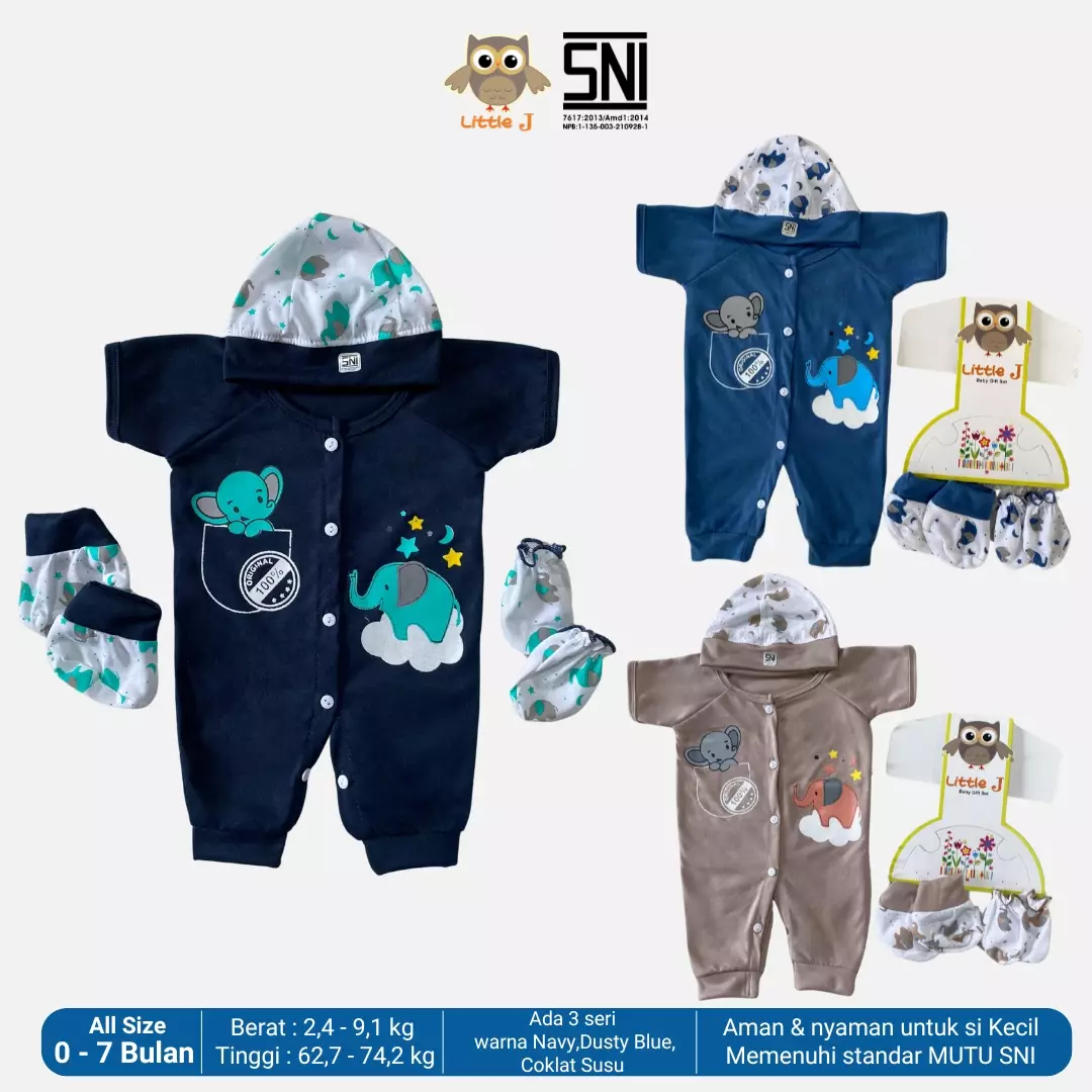 Little J - Elephant Cloud Navy  Jumpsuit -Romper Set Baby 4 in 1 Bayi Laki laki Bayi Perempuan ( Sarung tangan,Sarung Kaki,Topi,Baju)