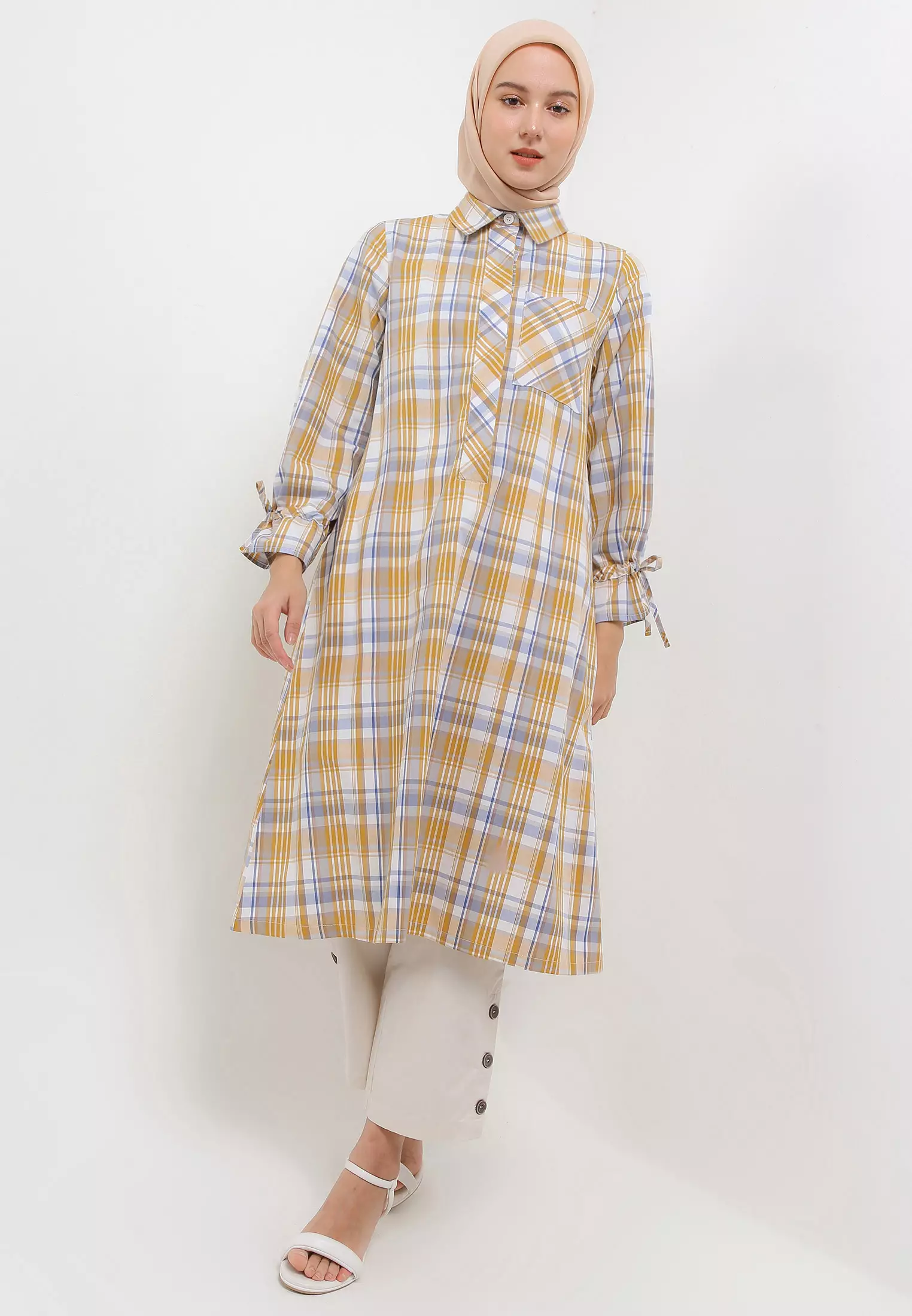 MFMW Fillmere Midi Dress Golden Brown Motif Kotak