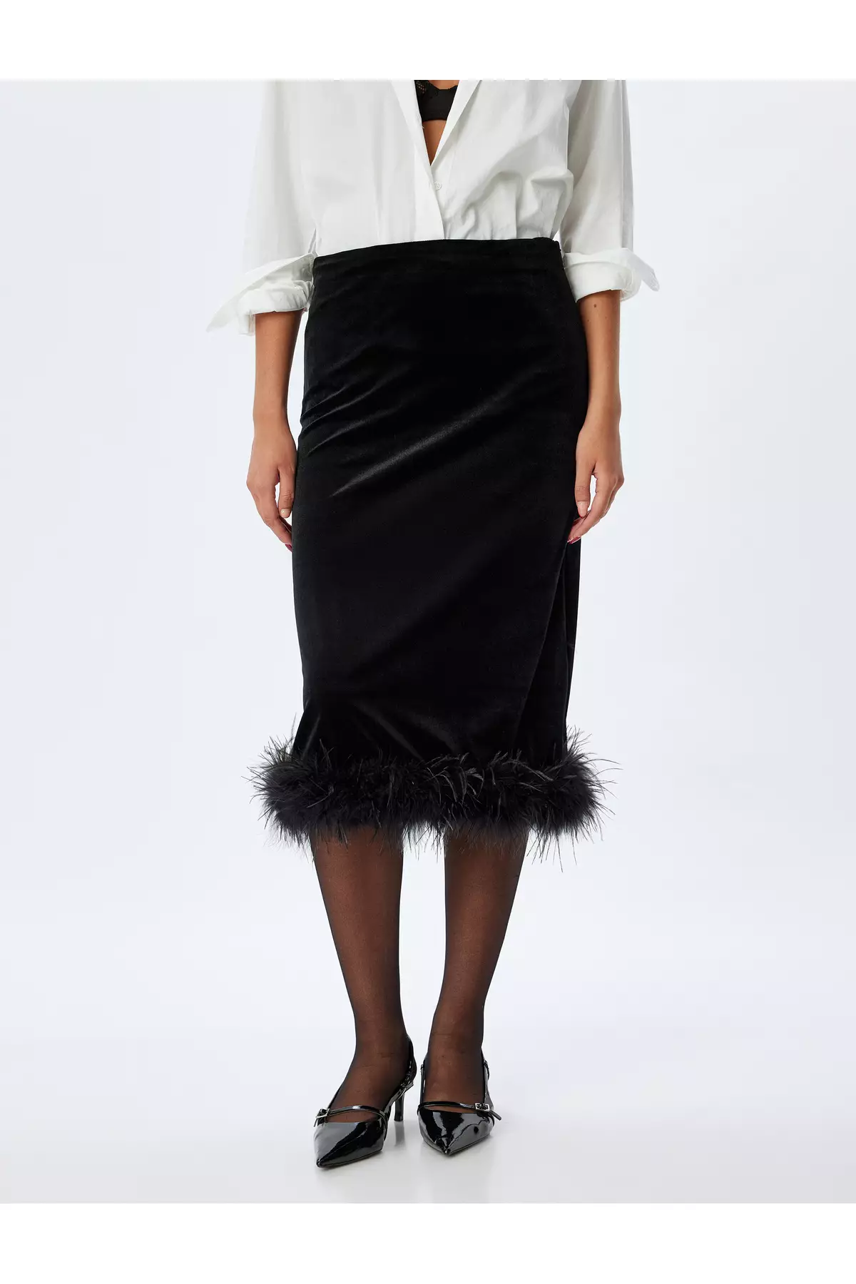 Evening Skirt Midi Velvet Feather Detail Slim Fit