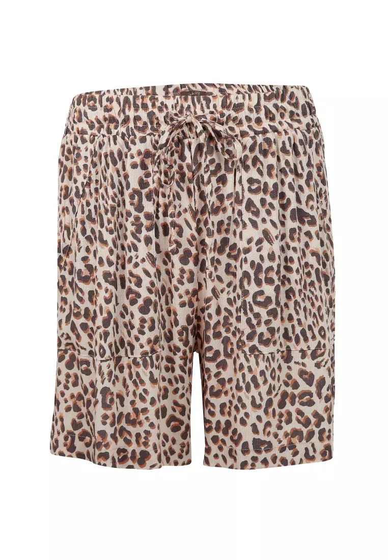 Leopard Print Drawstring Denim Shorts