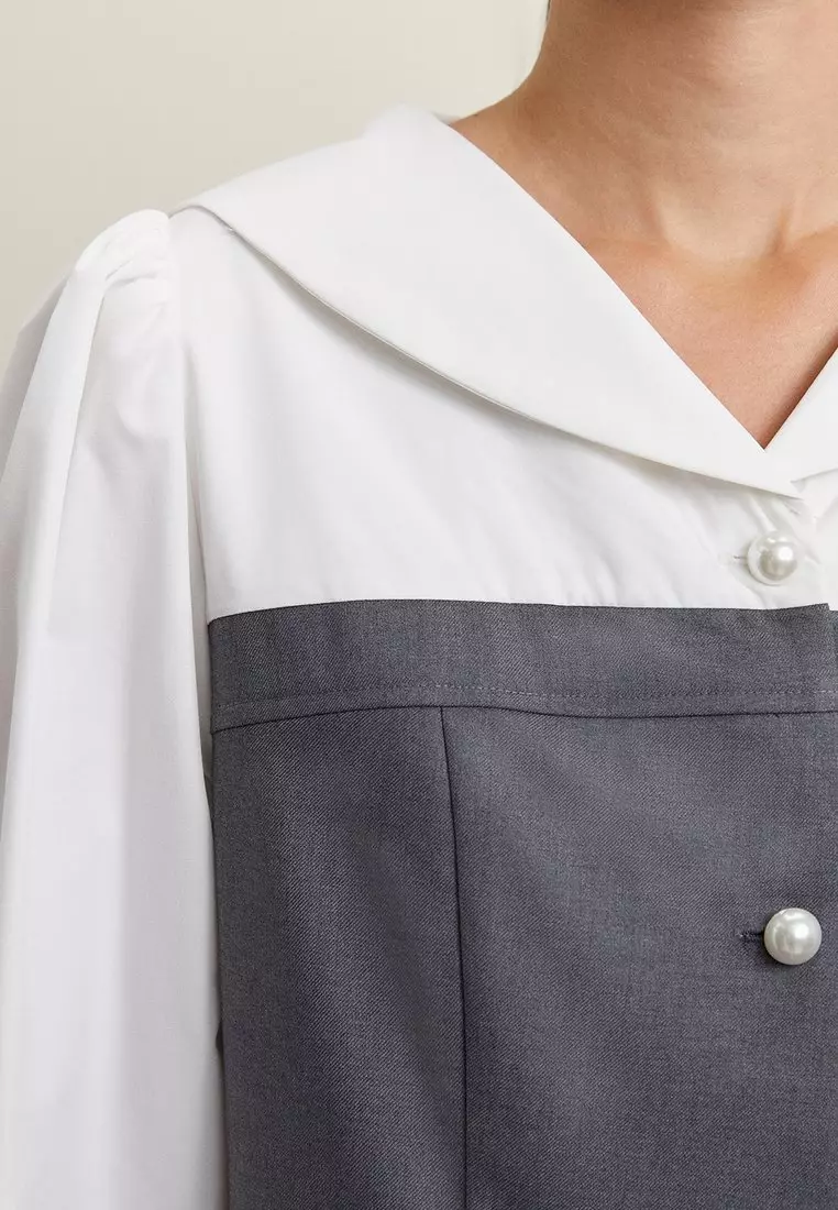 Pearl Button Layered Dress - Mid Grey