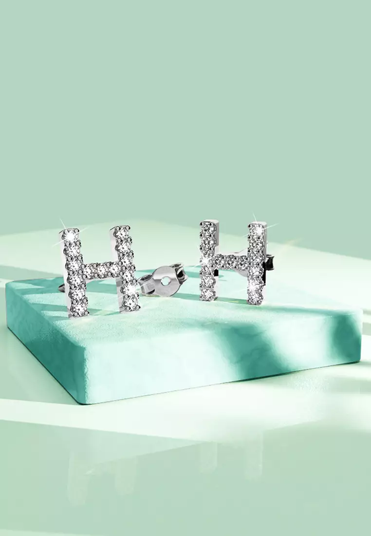 Solid 925 Sterling Silver Glamour Alphabet Letter Earrings  - H