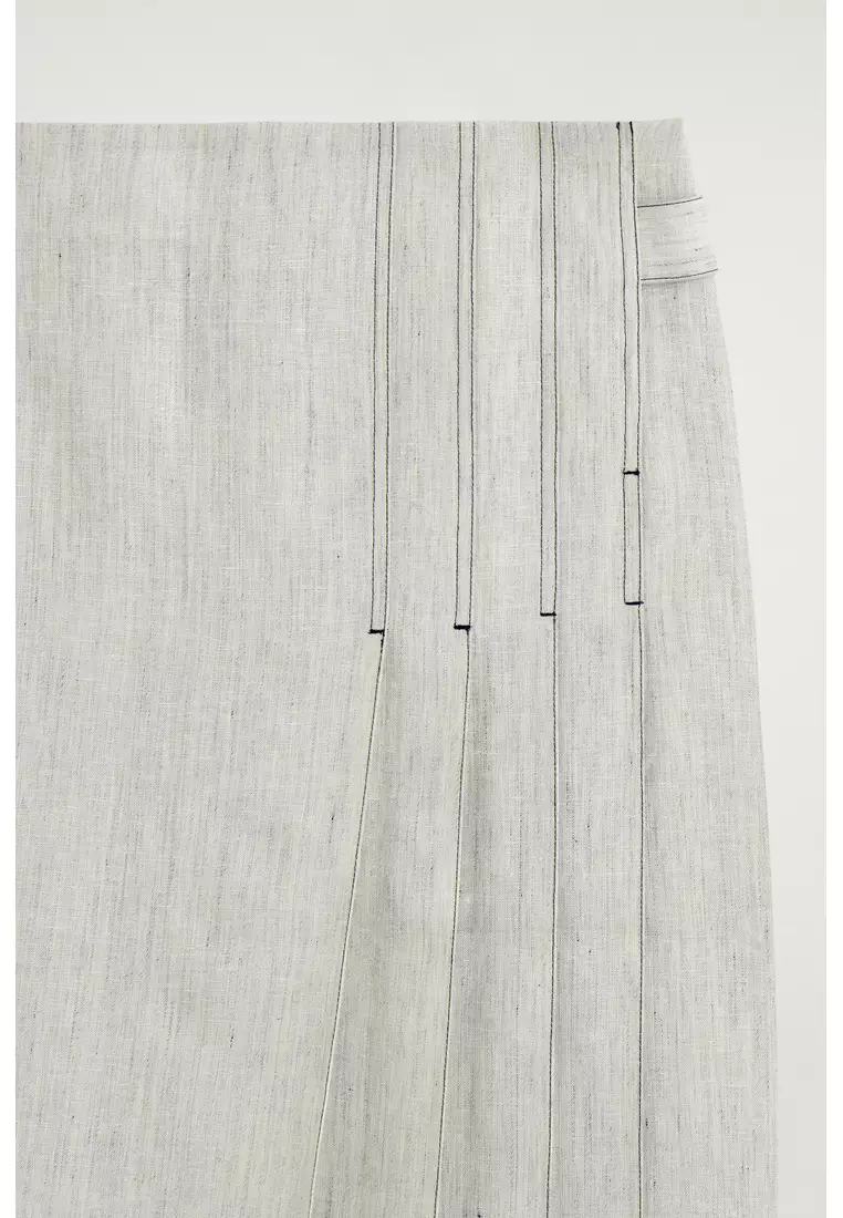 BELTED PLEATED LINEN MIDI SKIRT