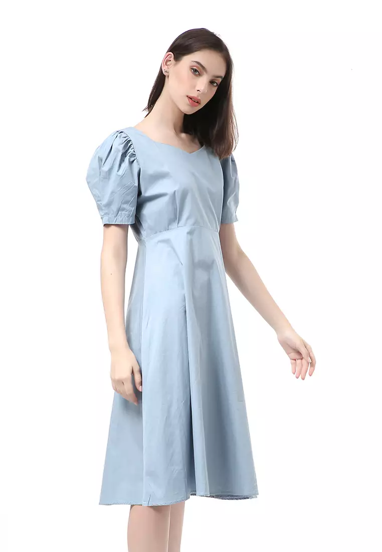 Rachel Dress Wanita Lengan Pendek Model Puffy Plain Motive Material Cotton ORIGINAL - Blue