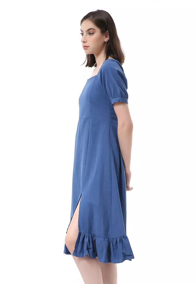 Rachel Midi Dress Rample Wanita Vintage Bottom Lengan Pendek Material Linen ORIGINAL - Navy