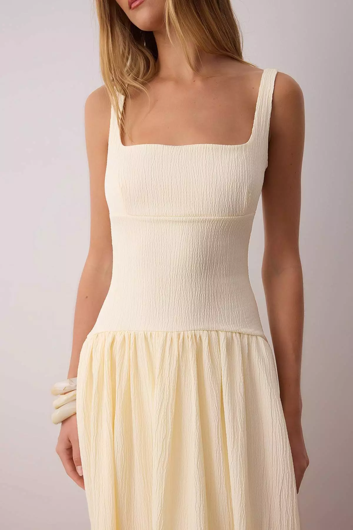 Cream Special Fabric Corset-Look Backless Woven Skirt Wide Midi Dress