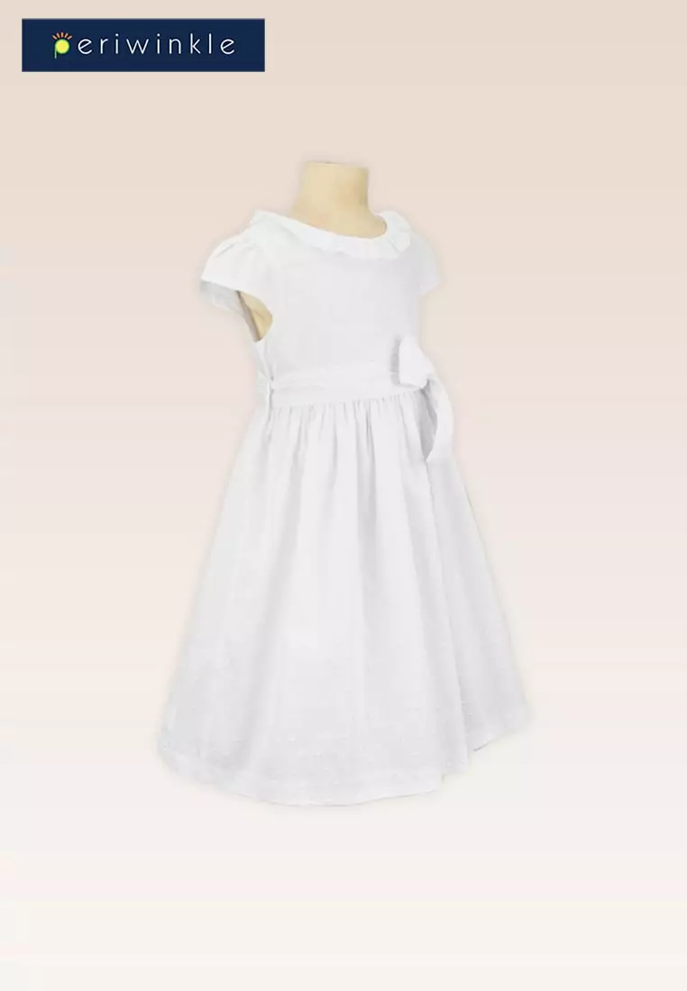 Kiara Girls White Dress with Ruffled Neck and Bow Belt tie Front