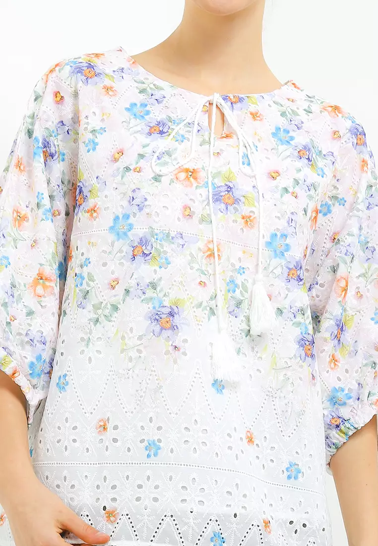 Print Eyelet Blouse W/ Tassels