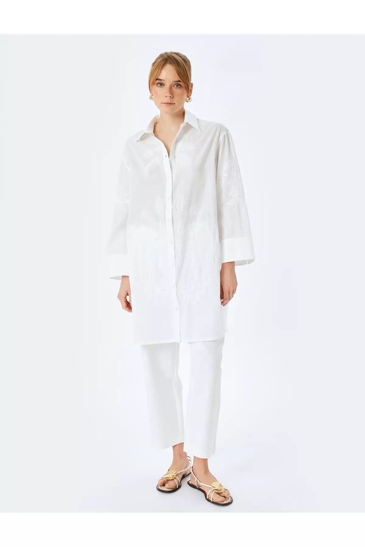 Floral Embroidery Detailed 3/4 Sleeve Shirt Collar Long Oversize Tunic