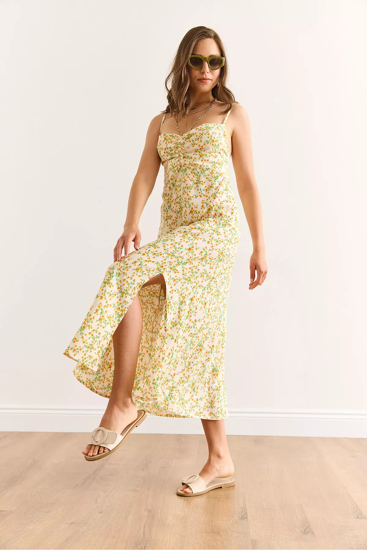 Women's Ecru Orange Strap Adjustable Front Gathered Woven Viscose Dress Elb-19002438