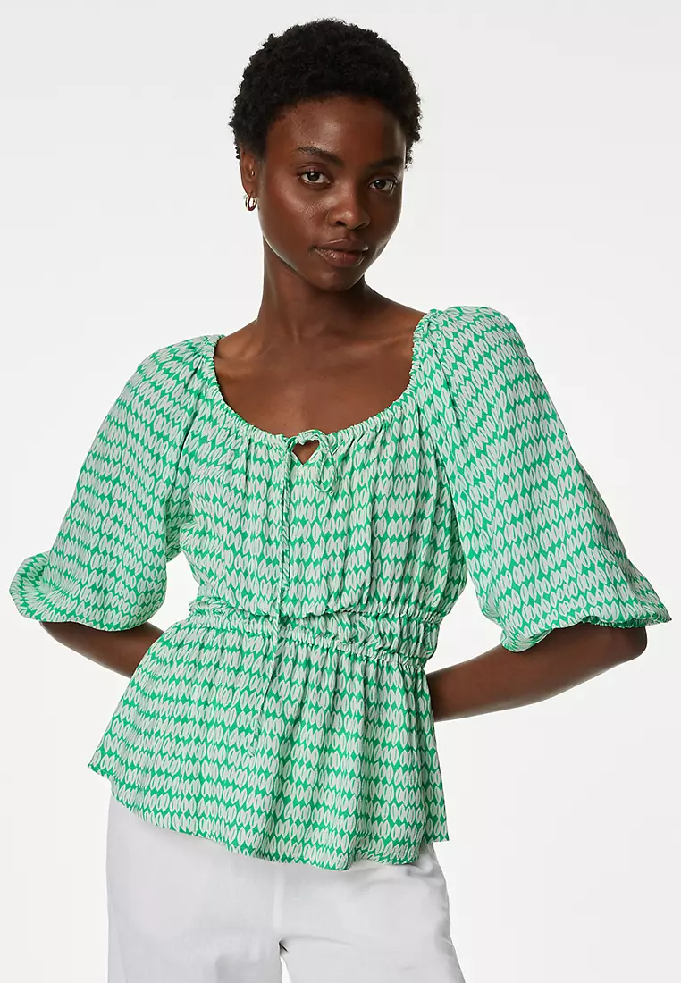 Printed Blouson Sleeve Peplum Top