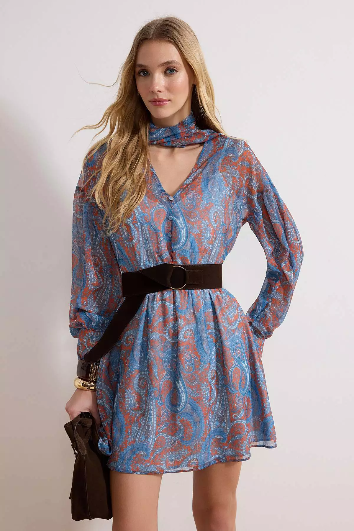 Multi-Colored Scarf Detailed Suede Belted Mini Woven Dress Twoaw26El377