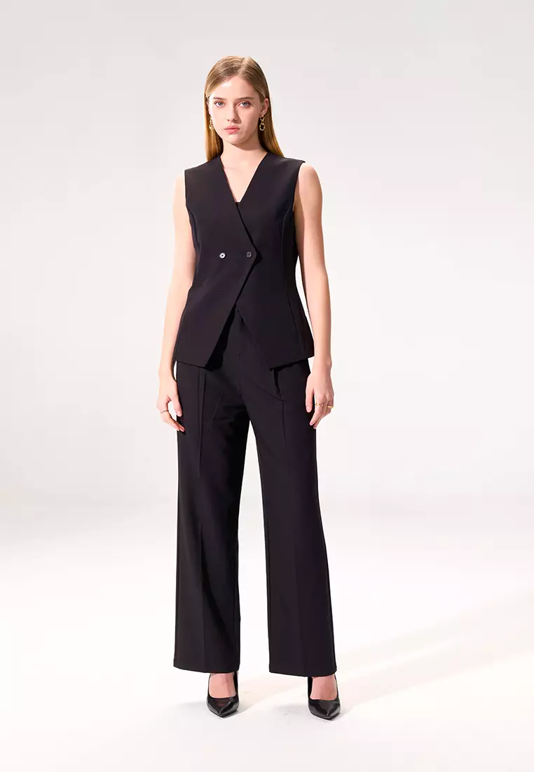 Black Pleated Straight Trousers