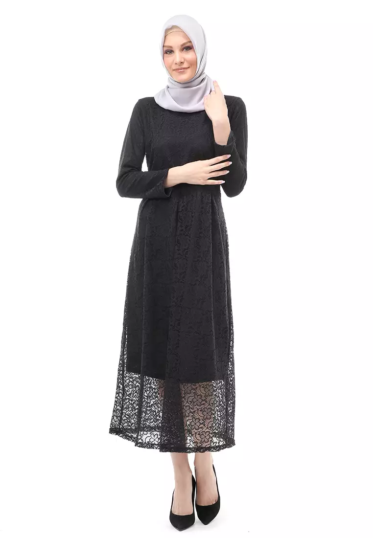 Alveera Gamis Brukat Muslimah Long Dress Regular Fit - Hitam