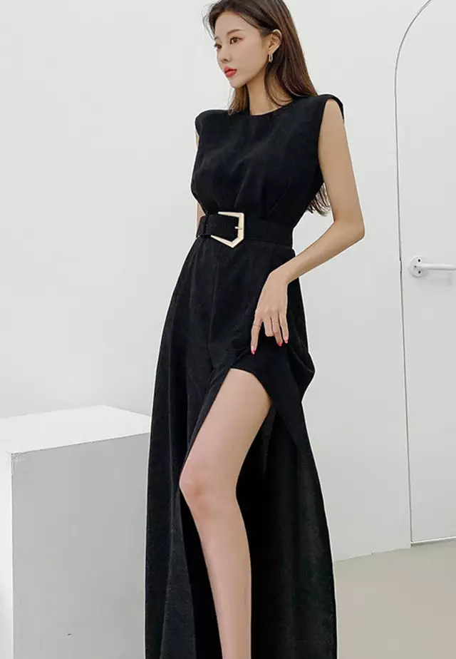 韓風氣質高開叉收腰長連身裙 A21031907BK