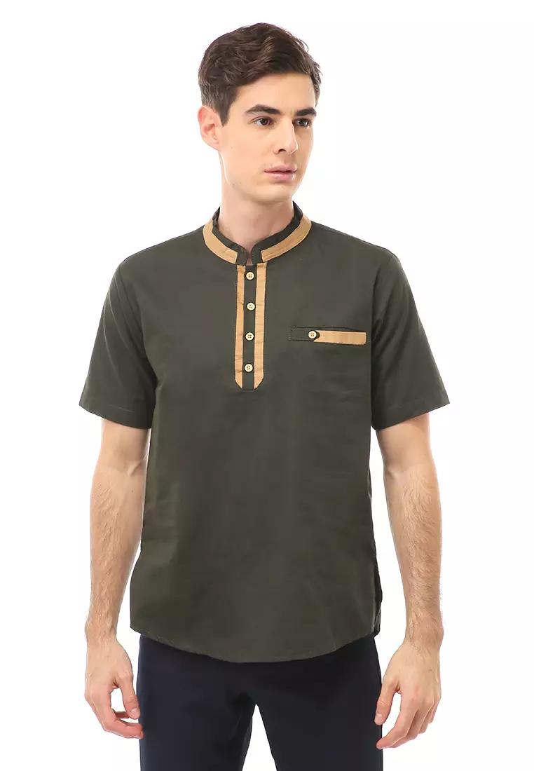 Dwan Atasan Formal Pria Kemeja Koko Motif List Kancing Short Sleeve Material Cotton ORIGINAL - Army Green