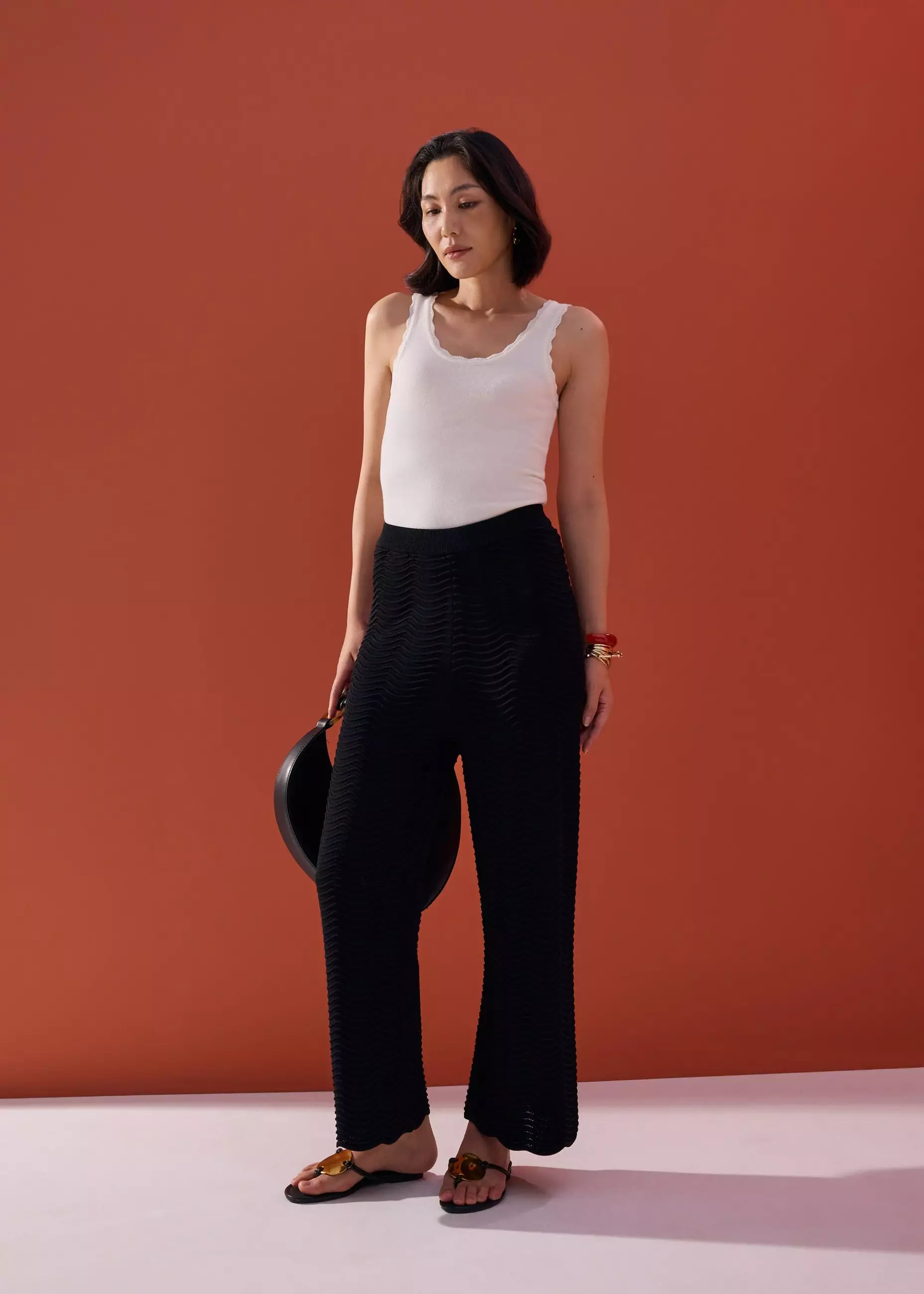 Celana Panjang Wanita - Elastic Wavy Knit Straight Leg Pants