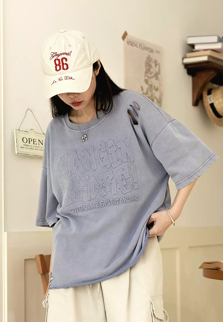 Washed Distressed Letter Embossed Short-Sleeved Top [AB21087]