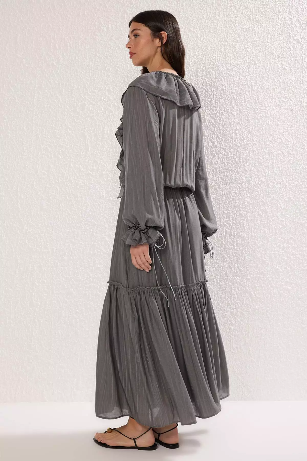 Anthracite Waist Elasticated Ruffled Maxi Dress