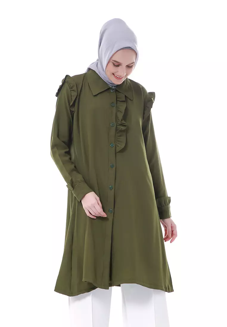 Zemira Tunik Atasan Wanita Motif Polos Long Sleeve - Army
