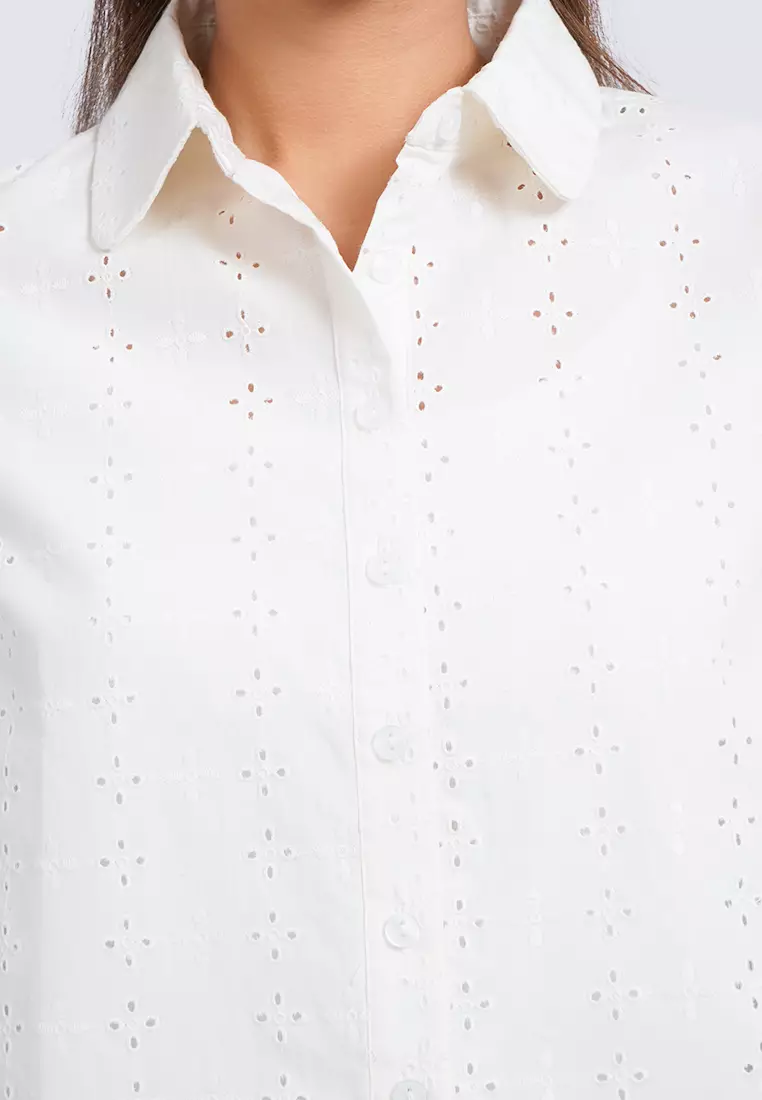 Eyelet Short Sleeve Crop Blouse OFF WHITE