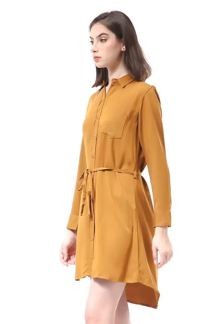 Rachel Dress Wanita Model Kemeja Full Kancing Long Sleeve Material Twill Rayon ORIGINAL - Kunyit