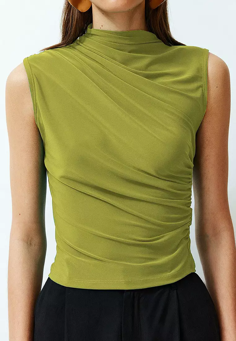 Apple Green Sleveless Gathered Flexible Knitted Blouse