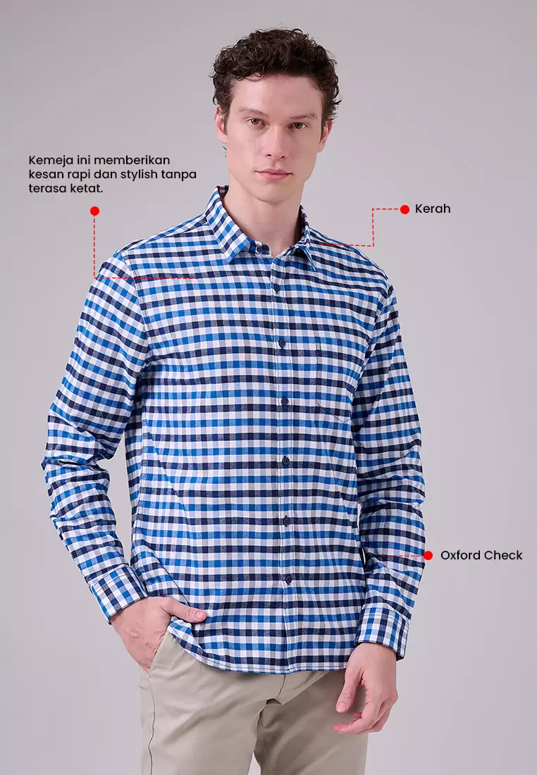 MANZONE - Kemeja Oxford Lengan Panjang Pria Snap 01 Modern Fit - Navy Warna Navy