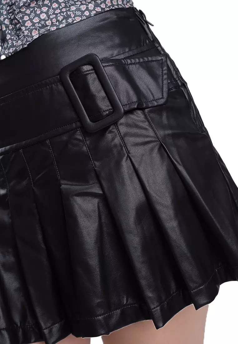 Pleated Leather Mini Skirt With Belt Detail