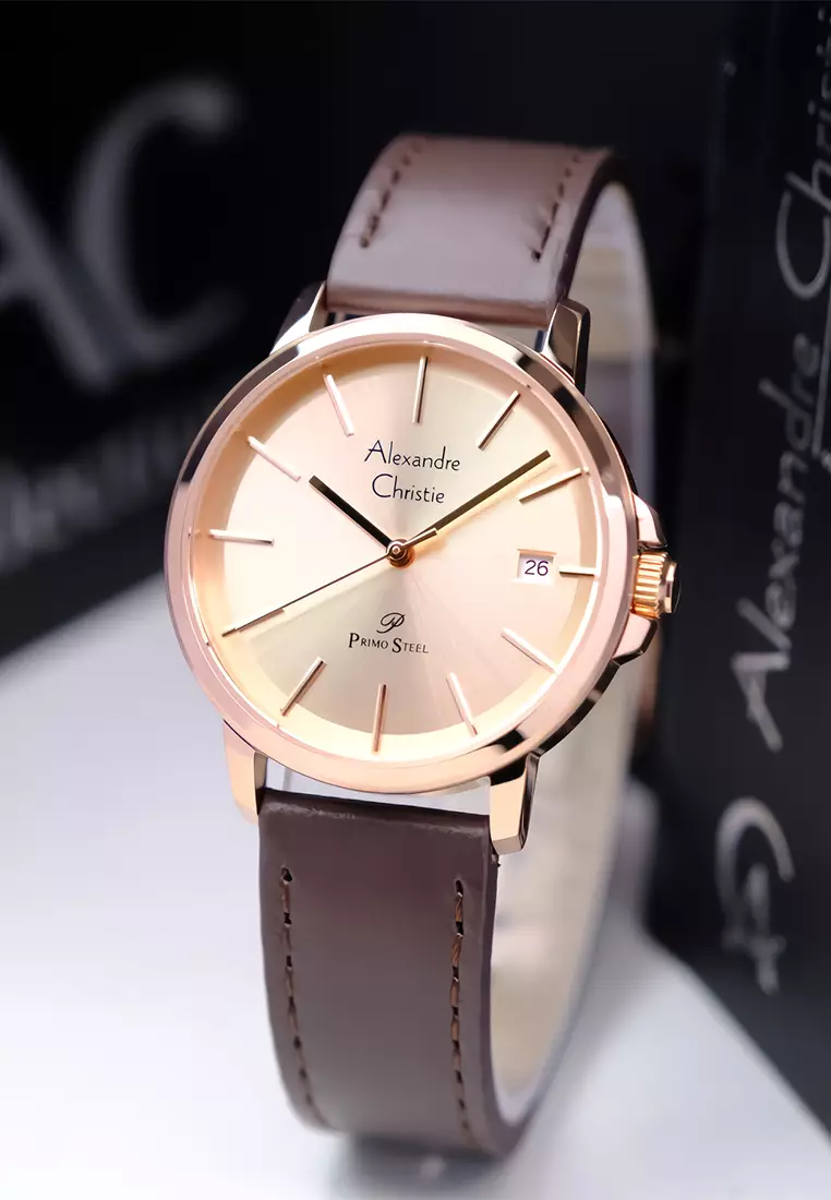 Alexandre Christie Primo Steel - Jam Tangan Analog Wanita - Rosegold Case Brown Leather Strap - 1032 LDLRGLN