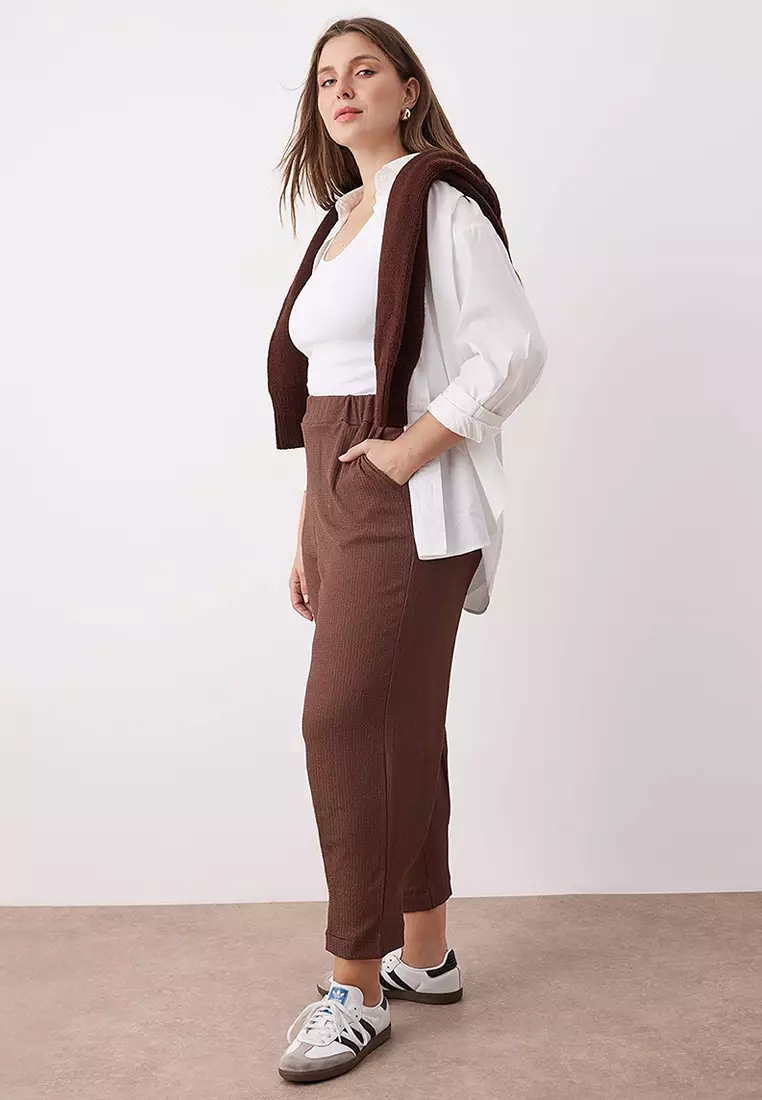 Brown Carrot Fit Elastic Waist Knitted Plus Size Trousers