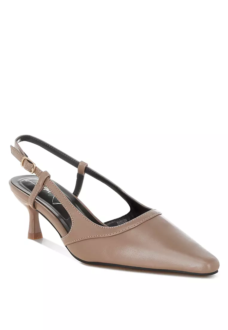 Slingback Pin Buckle Kitten Heels In Taupe