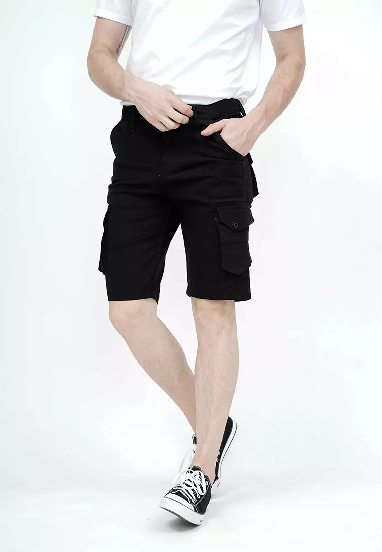 Celana pendek kargo pria cargo pants slim fit melar stretch houseofcuff Hitam