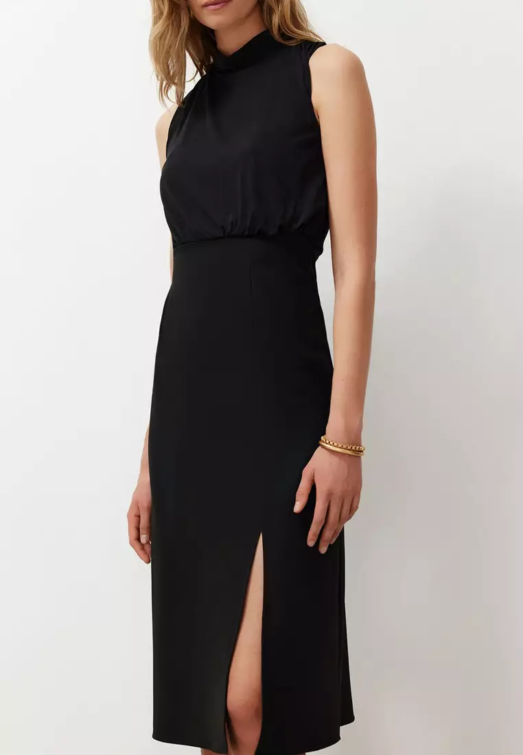 Sleeveless Mock Neck Slit Midi Dress