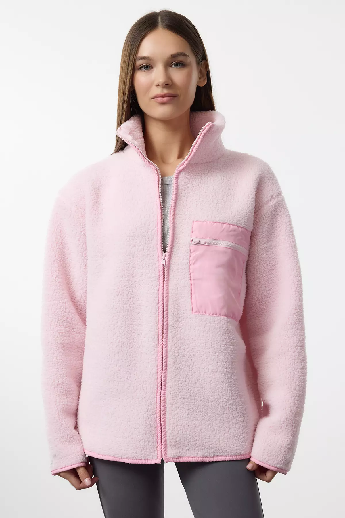 Winter Essentials Light Pink Thick Fleece Zipper Stand Collar Pocket Knitted Sweatshirt Twoaw24Sw00071