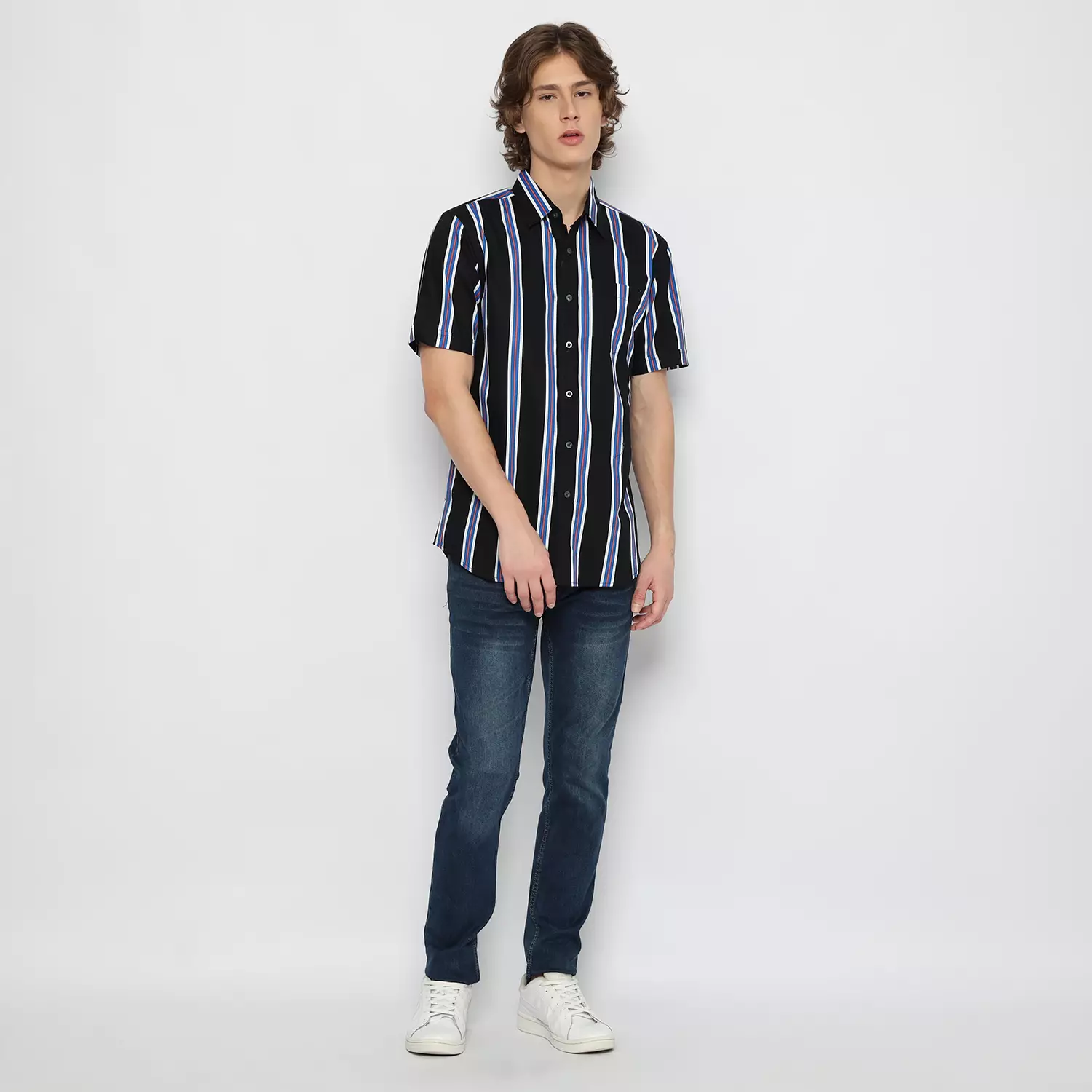 Platini Kemeja Motif Salur Pria Lengan Pendek Hitam Biru 131979