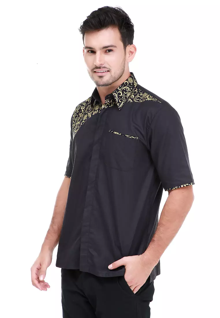 Dwan Kemeja Batik Pria Right Side Atasan Formal Shortsleeve Shirt Material Cotton ORIGINAL - Black