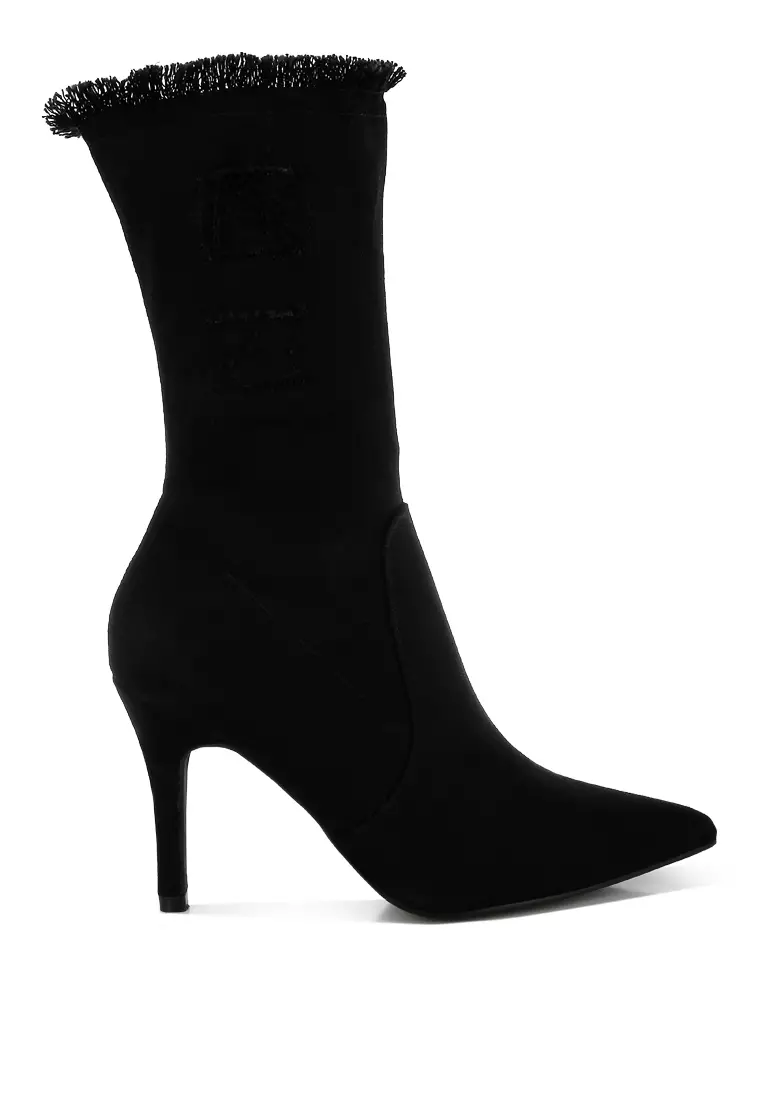 Discount on London Rag  shoes - SKU: Distressed Denim Mid-Calf Boots in Black