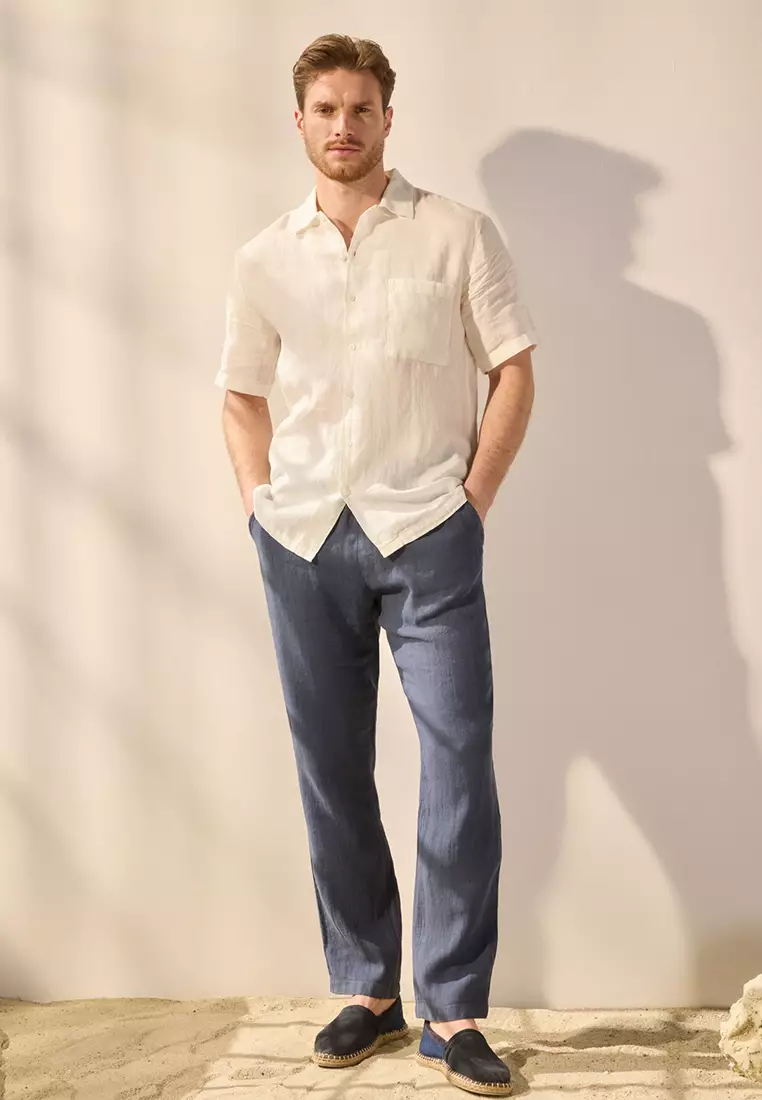 Navy Blue Limited Edition 100% Linen Regular Fit Trousers TMNSS24PL00018