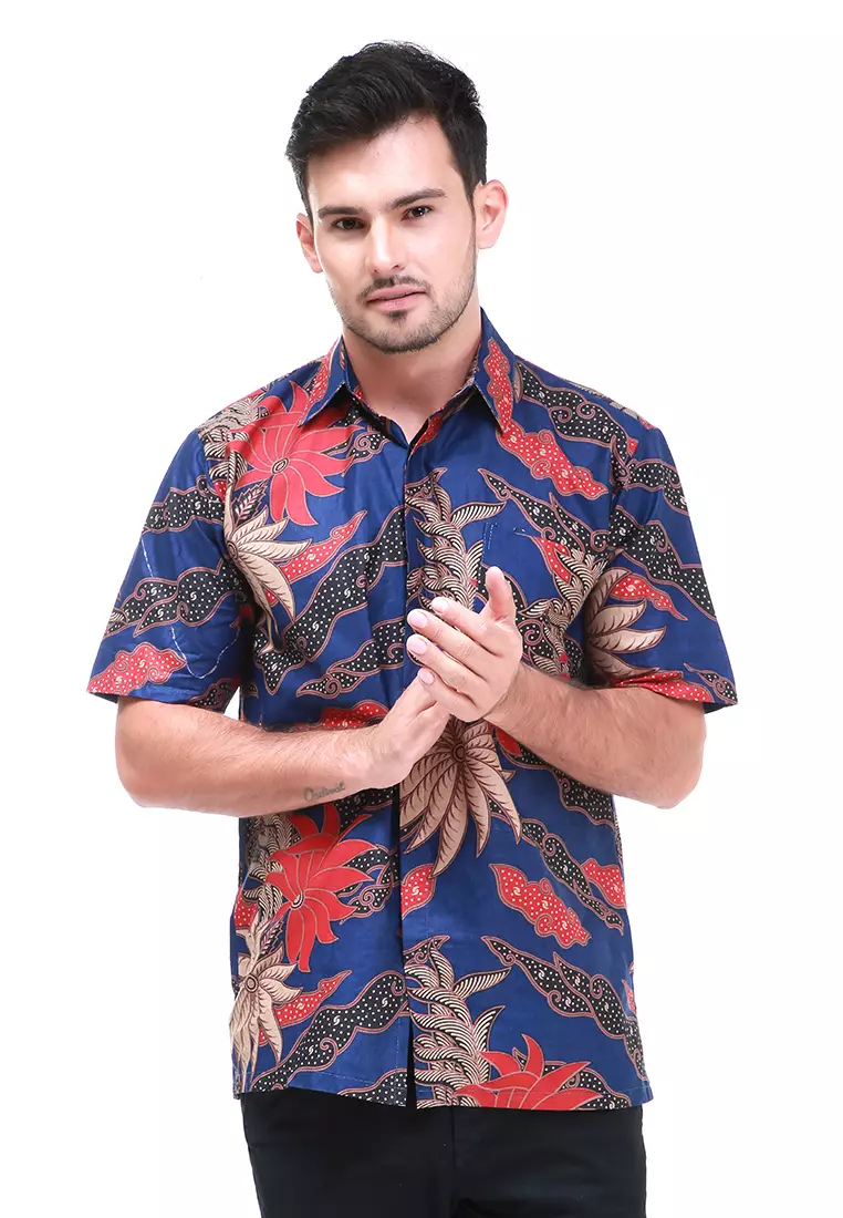 Dwan Kemeja Batik Pria Flora Atasan Formal Shortsleeve Shirt Material Cotton ORIGINAL - Blue