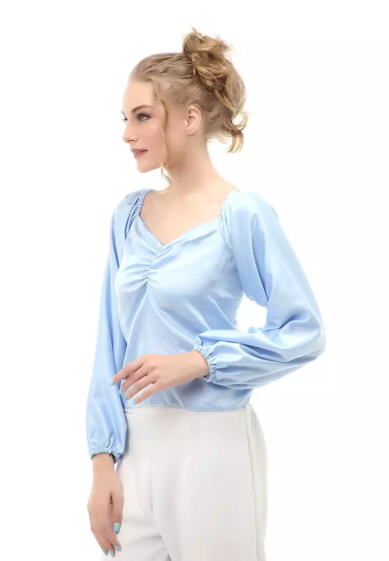 Cheva Blouse Casual Wanita Sabrina Kerut Dada Lengan Panjang Material Satin ORIGINAL - Blue