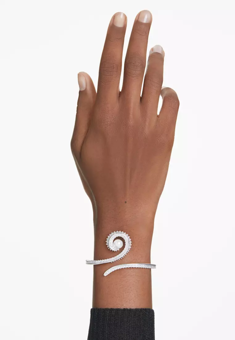 Ariana Grande x Swarovski bangle, Crystal pearl, Baguette cut, White, Rhodium plated